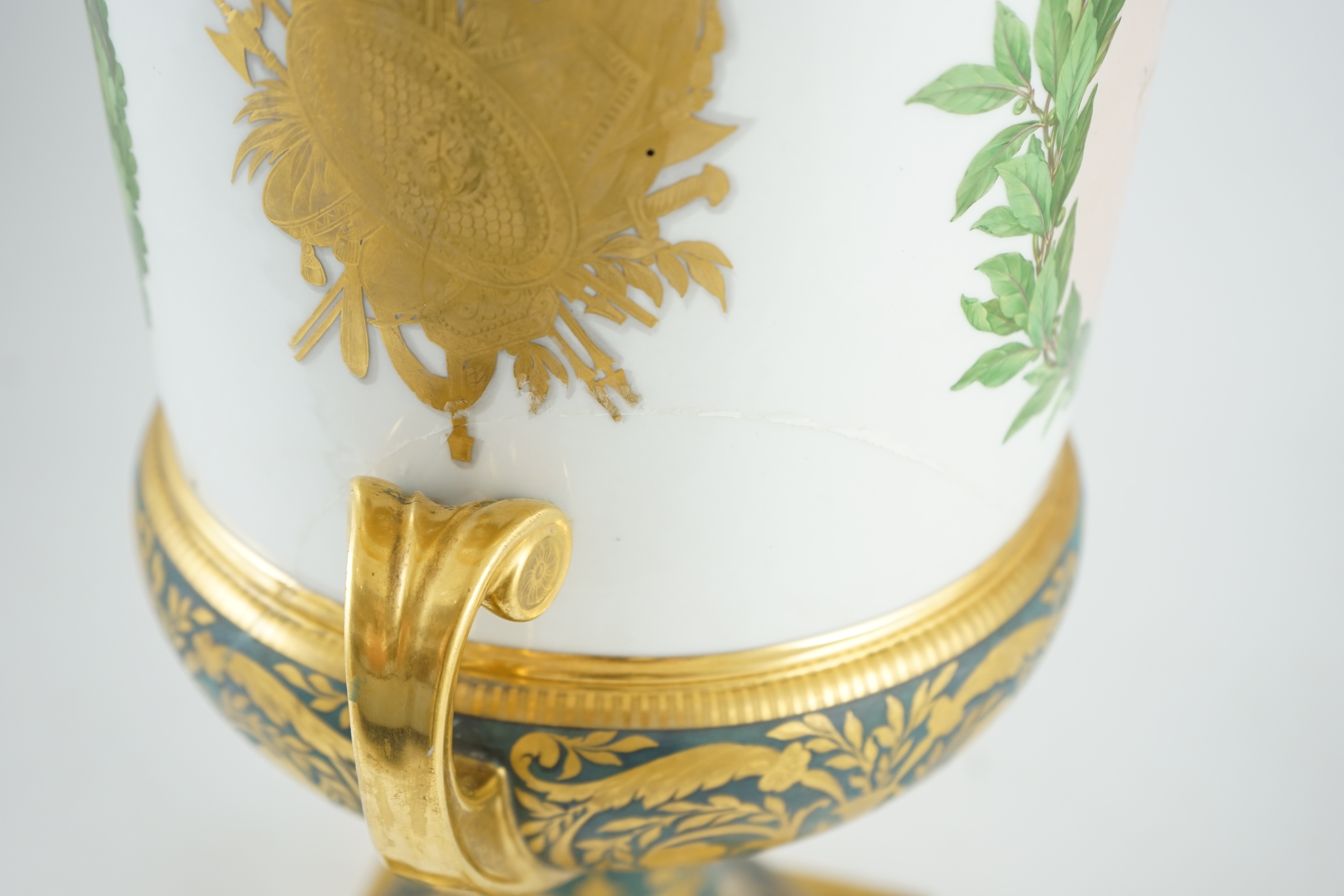 Napoleonic Wars interest: A large Berlin porcelain twin handled urn, c.1816, presented to Sir Henry Hardinge (1785-1856) by the Prussian Prince-General Blücher (1742-1819), 49cm high